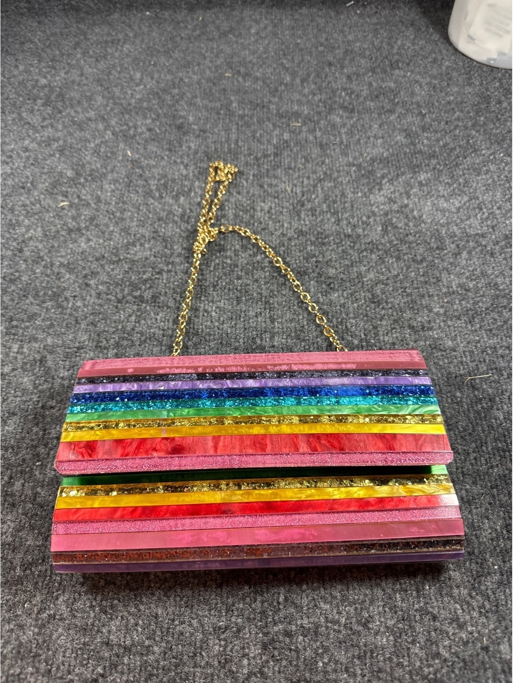 Betsey Johnson Rainbow Stripe Clutch Crossbody Bag Gold Chain Multicolor